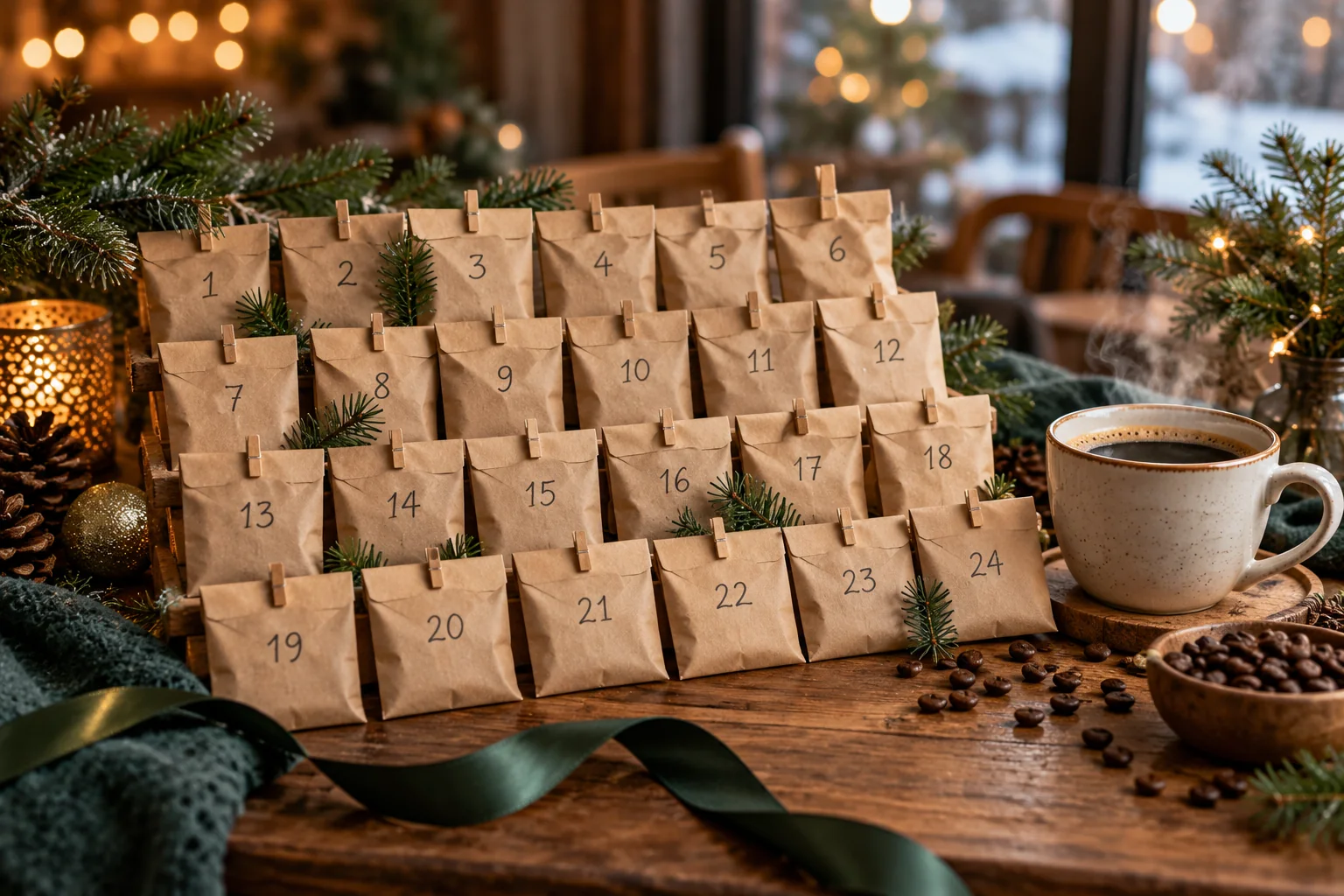 Symbolbild: 24 unmarkierte Adventsumschläge neben einer Kaffeetasse, kein bestätigter Starbucks-Kalender