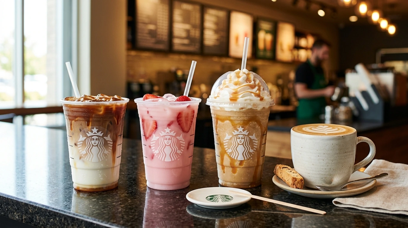 Farbenfrohe Auswahl beliebter Starbucks Getränke: Iced Caramel Macchiato, Pink Drink, Frappuccino und Latte
