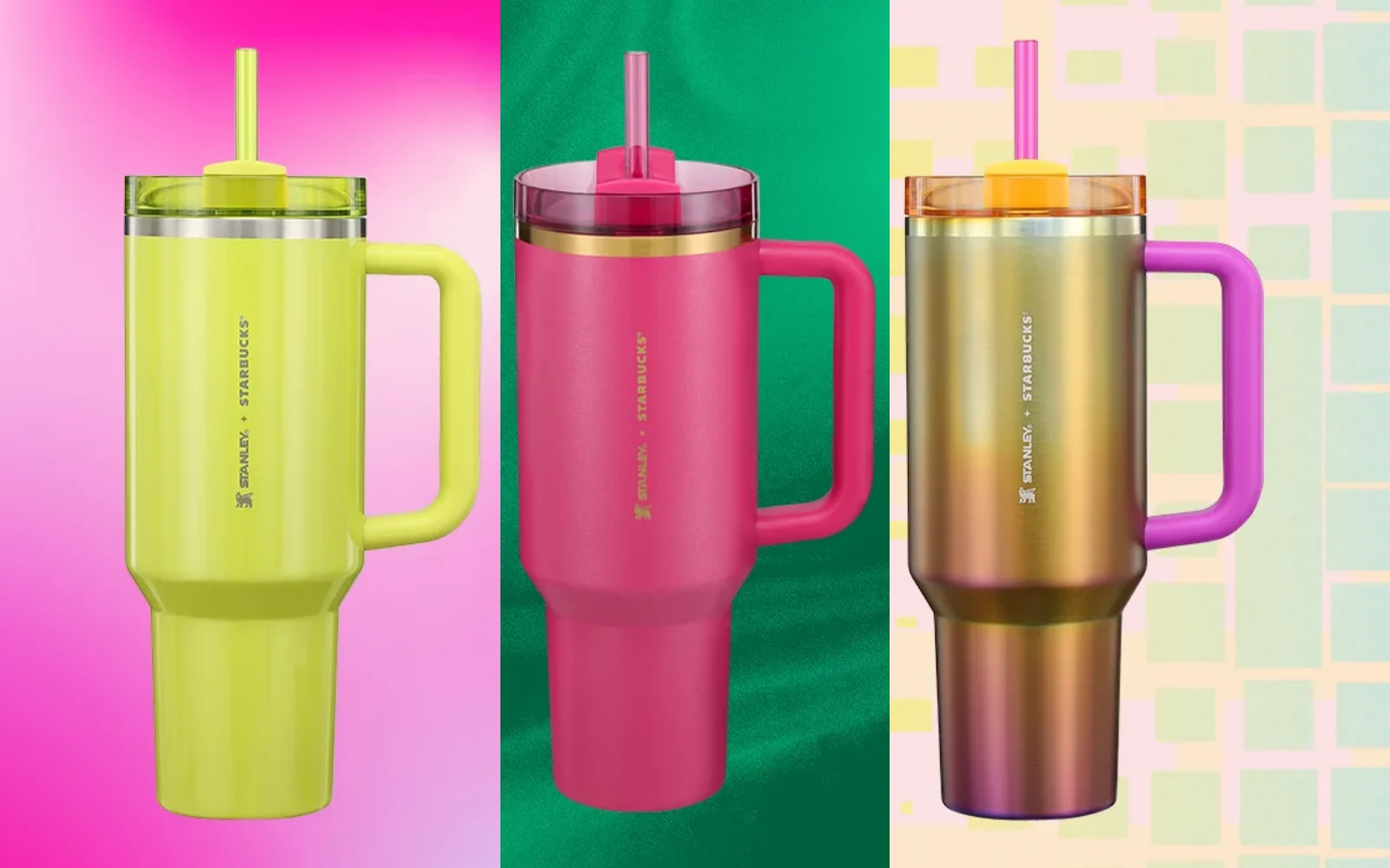 Drei Starbucks x Stanley Quencher mit 40 oz in Limettengrün, Berry Pink und Sunset-Farbverlauf