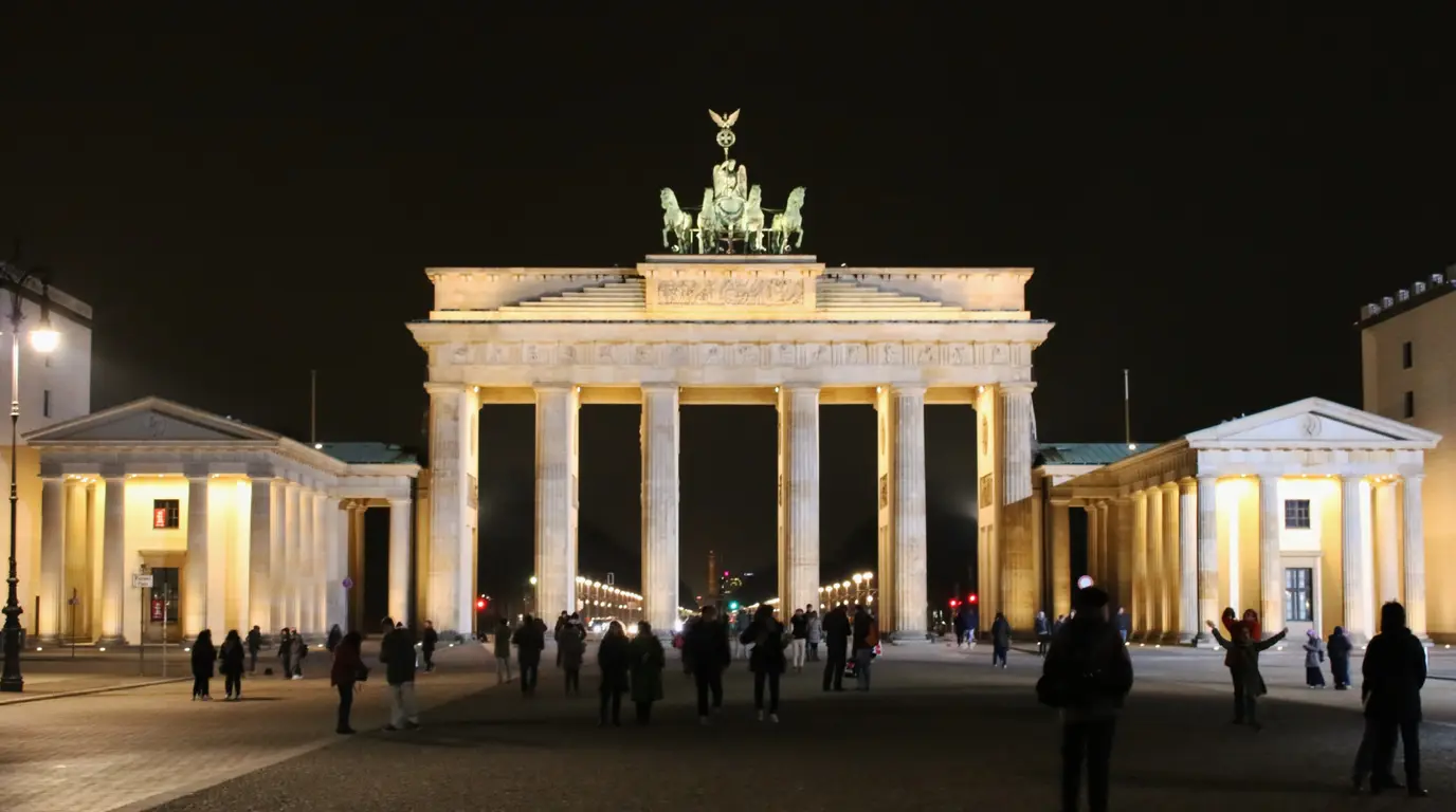 Brandenburger Tor in Berlin bei Nacht, beleuchtet