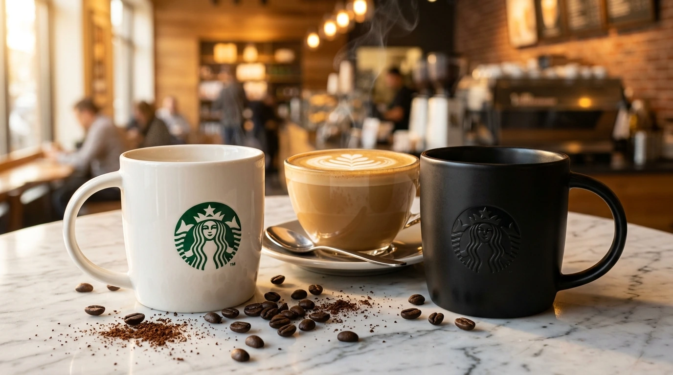 Ikonische weiße Starbucks Keramiktasse mit grünem Sirenen-Logo und mattschwarze Edition mit Latte Art