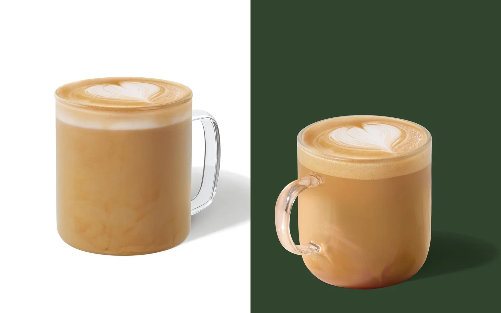 Starbucks Vanilla Latte im Glasbecher mit Milchschaum und Latte-Art-Herz vor weißem Hintergrund